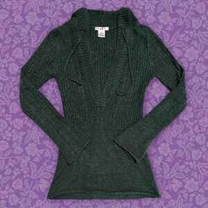 2000s Pout Forest Green Long Sleeve Ribbed Y2K Babydoll Sweater Top | Size M